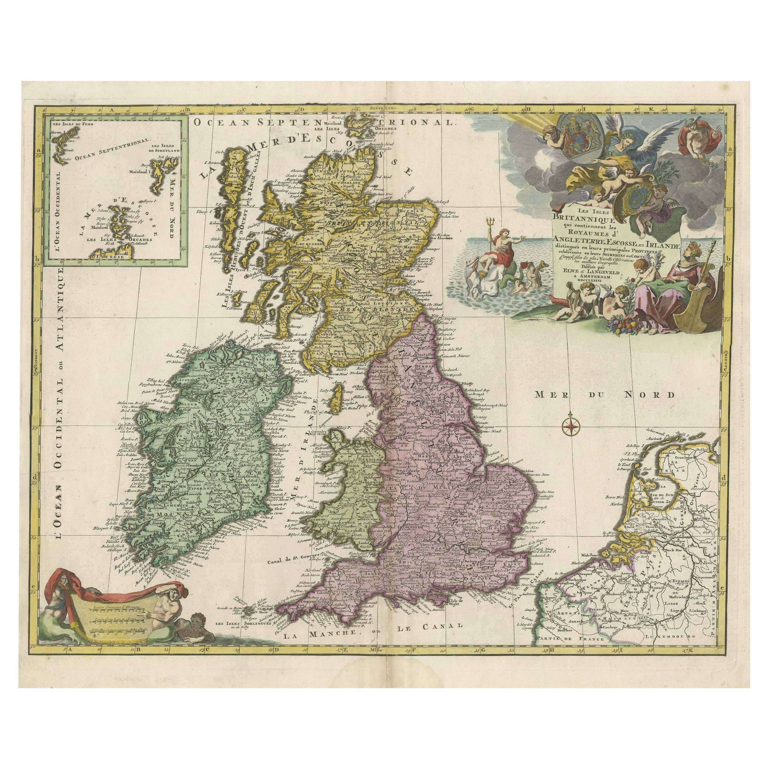 Antiguo mapa del Reino Unido e Irlanda, con inserciones de las Islas Orcadas, Shetland y Feroe, 1786