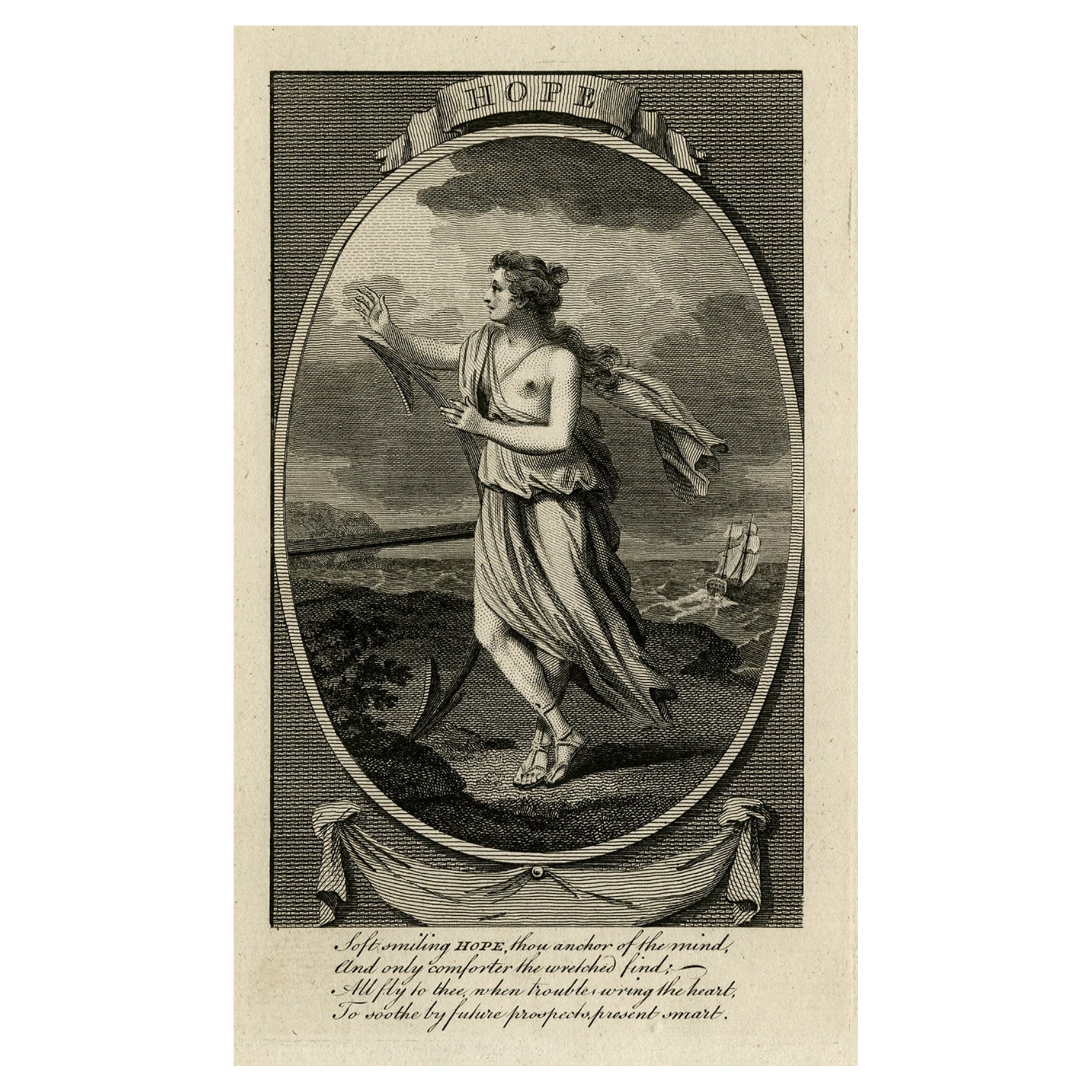 Antique Print Depicting the Personification of Hope, with English 4-Liner, c1780
