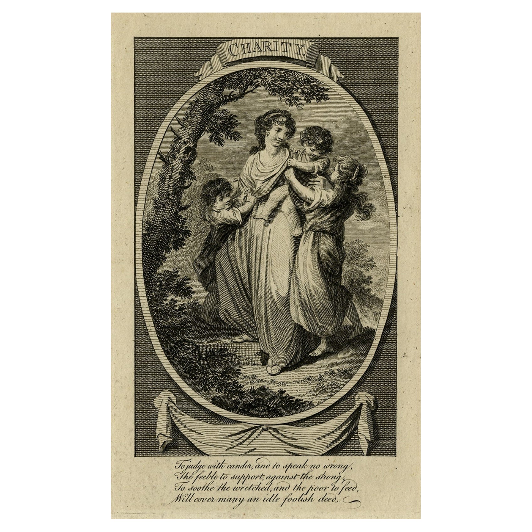 Impression ancienne représentant la personnification de la charité avec un poème anglais, vers 1780