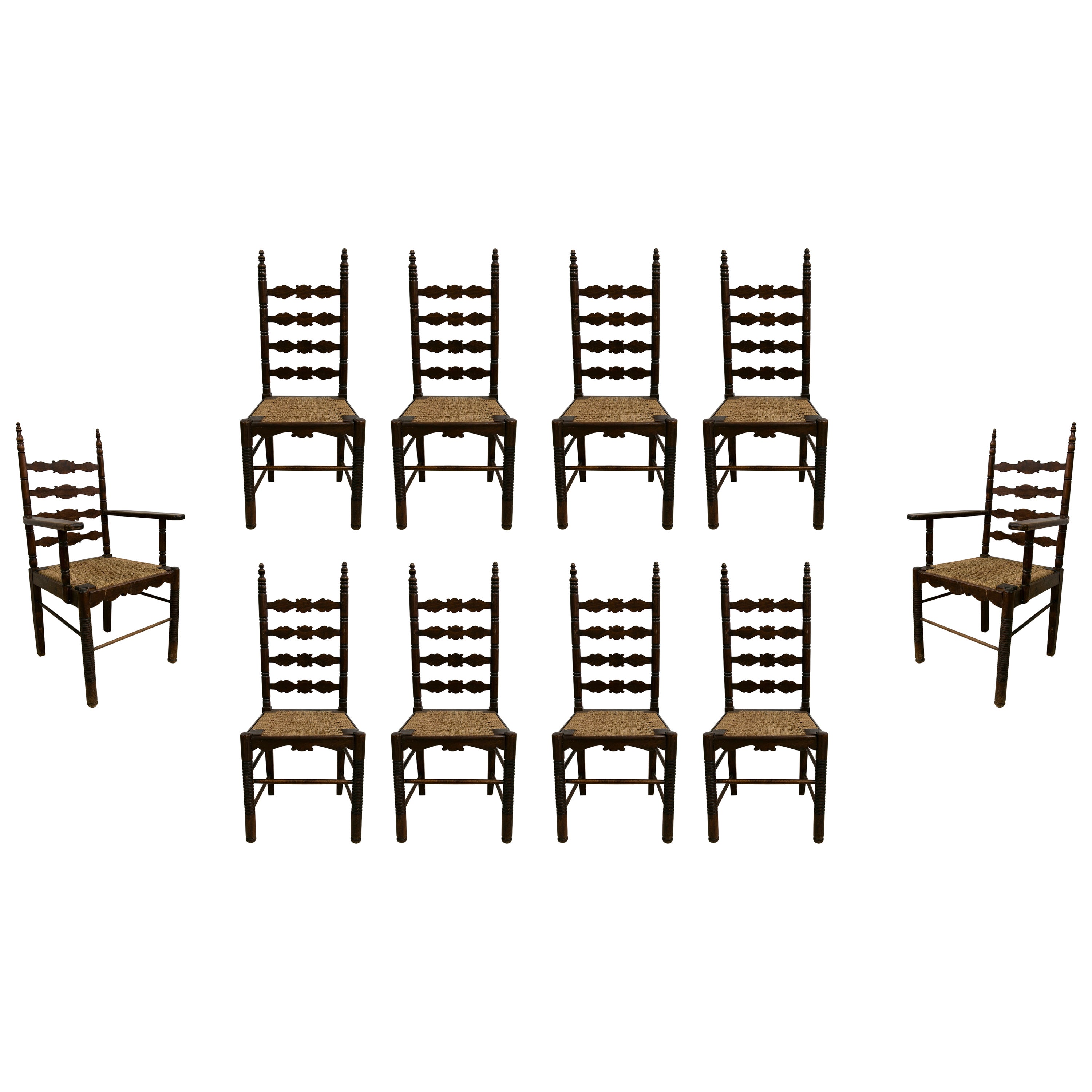 1930s Spanish Andalusian Flamenco Set of 8-Chairs & 2-Armchairs w/ Bulrush Seats For Sale