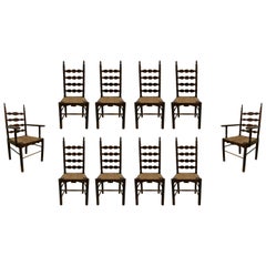 Antique 1930s Spanish Andalusian Flamenco Set of 8-Chairs & 2-Armchairs w/ Bulrush Seats
