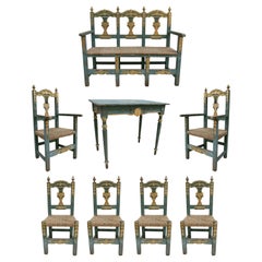 1930s Spanish Andalusian Painted Wooden Set of 3-Seater Bench 4 Chairs & Table