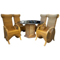 1970s Spanish Bamboo & Woven Wicker Set of 4 Armchairs & Glass Table