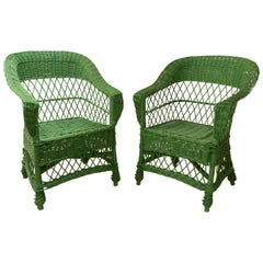 Pair of 1970s Spanish Green Woven Wicker Armchairs