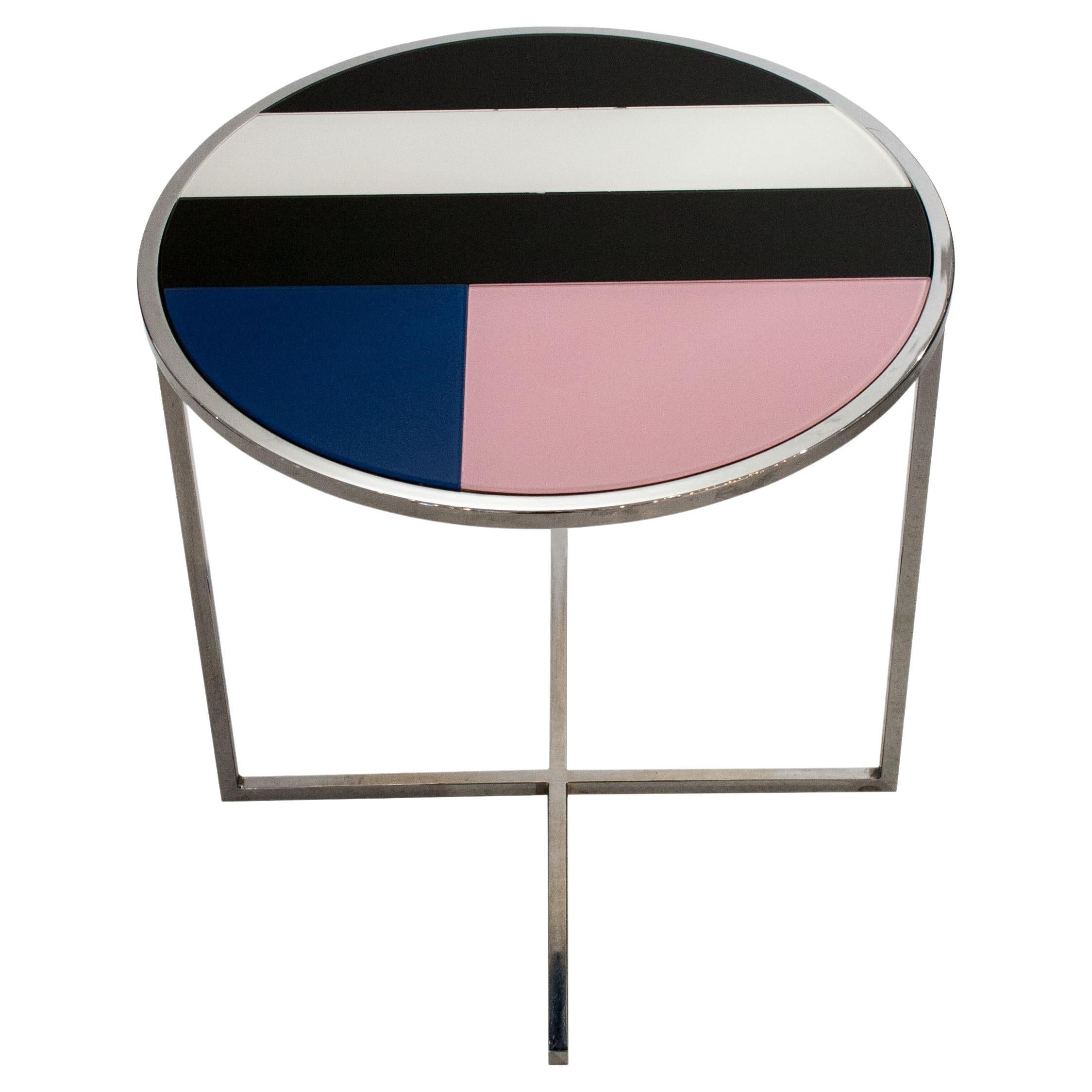 Contemporary Chromed Steel Blue Black Pink Glass Round Center Table, Italy, 1970 For Sale