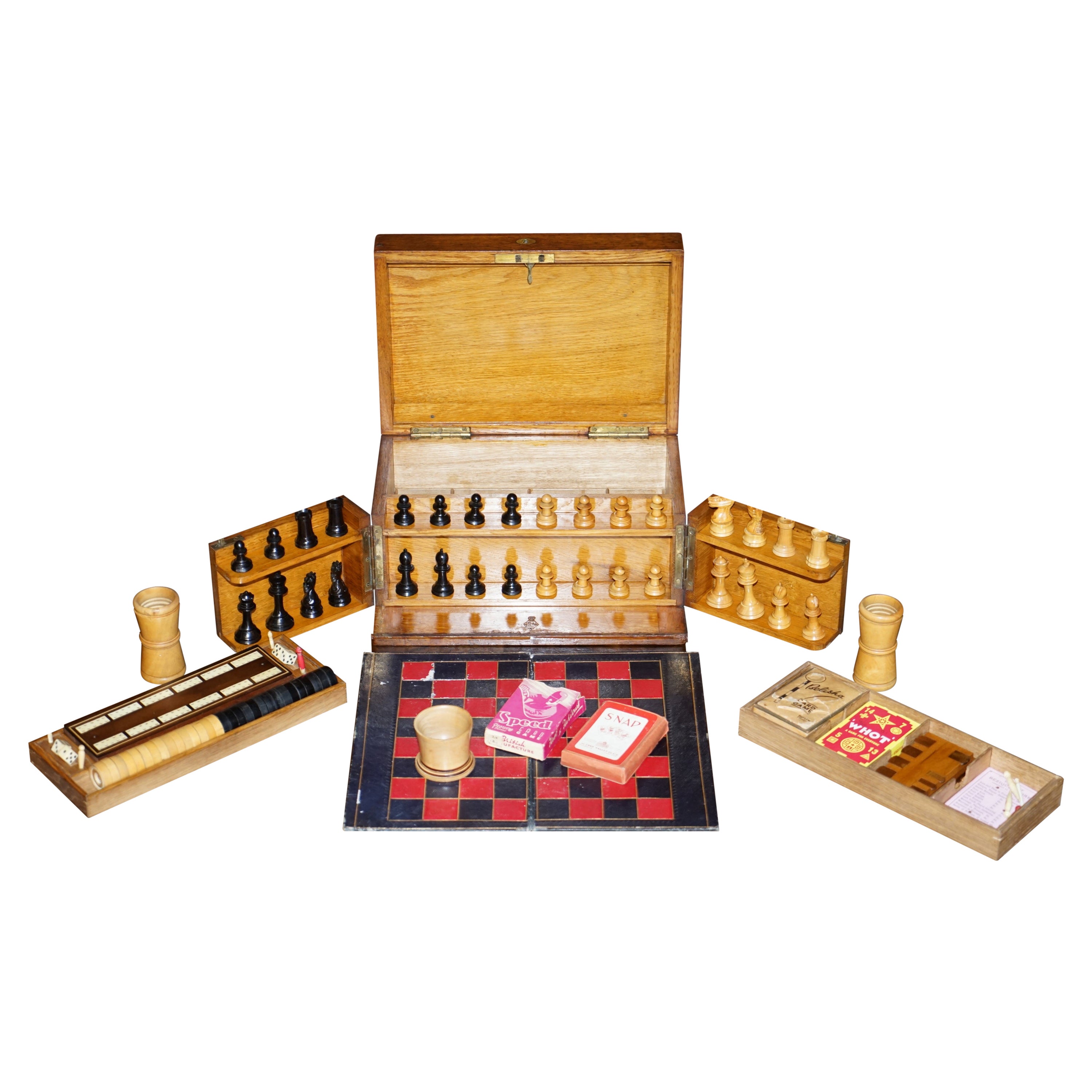 Tables de jeu de compendium en chêne de l'époque victorienne estampillée Royal Crown, avec carreaux Dominos