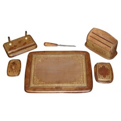 circa 1950's Liberty's London Gold Gilt Tan Brown Leather Desk Suite Pad Etc