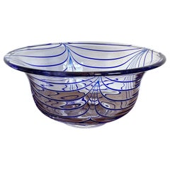 Mid Century Italian Murano Glass Decorative Bowl with Vibrant Blue Striping