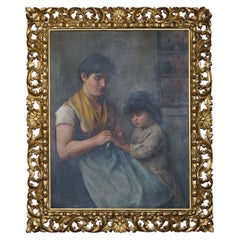 Antico ritratto di madre e bambino della Continental School del XIX secolo con cornice dorata