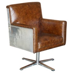 1 of 2 Hand Dyed Brown Leather Aviator Hammered Metal Swivel Captains Armchairs