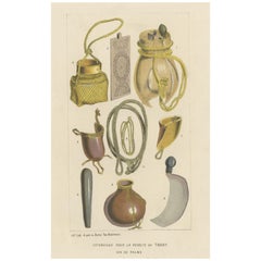  Antique Lithograph of Utensils to Harvest Palm Wine or Toddy, 1851