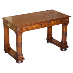 Antique 1850 Renaissance Revival Burr Walnut Pugin Gothic Writing Table Desk