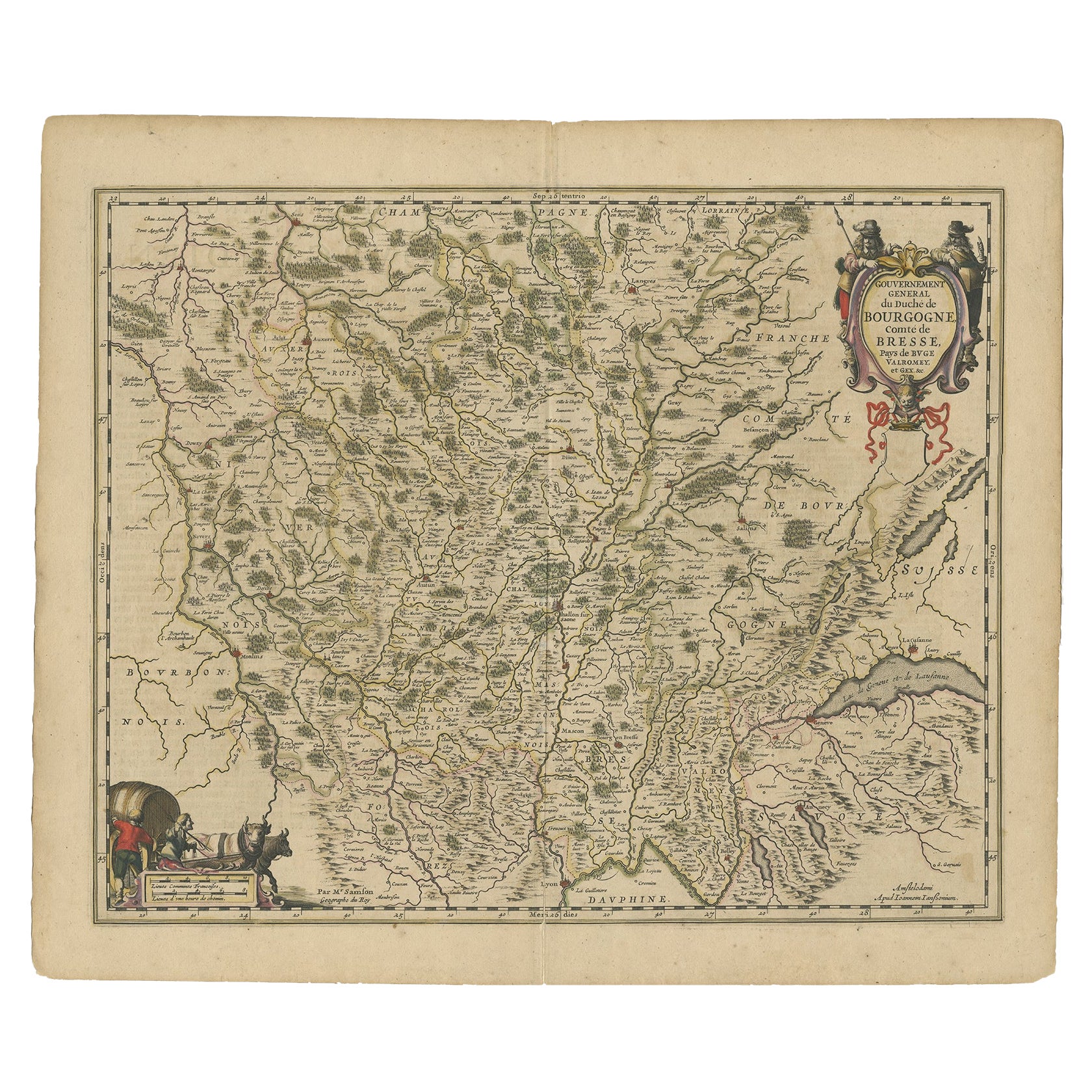 Decorative Antique Map of the Famous French Wine Region of Burgundy, ca.1660