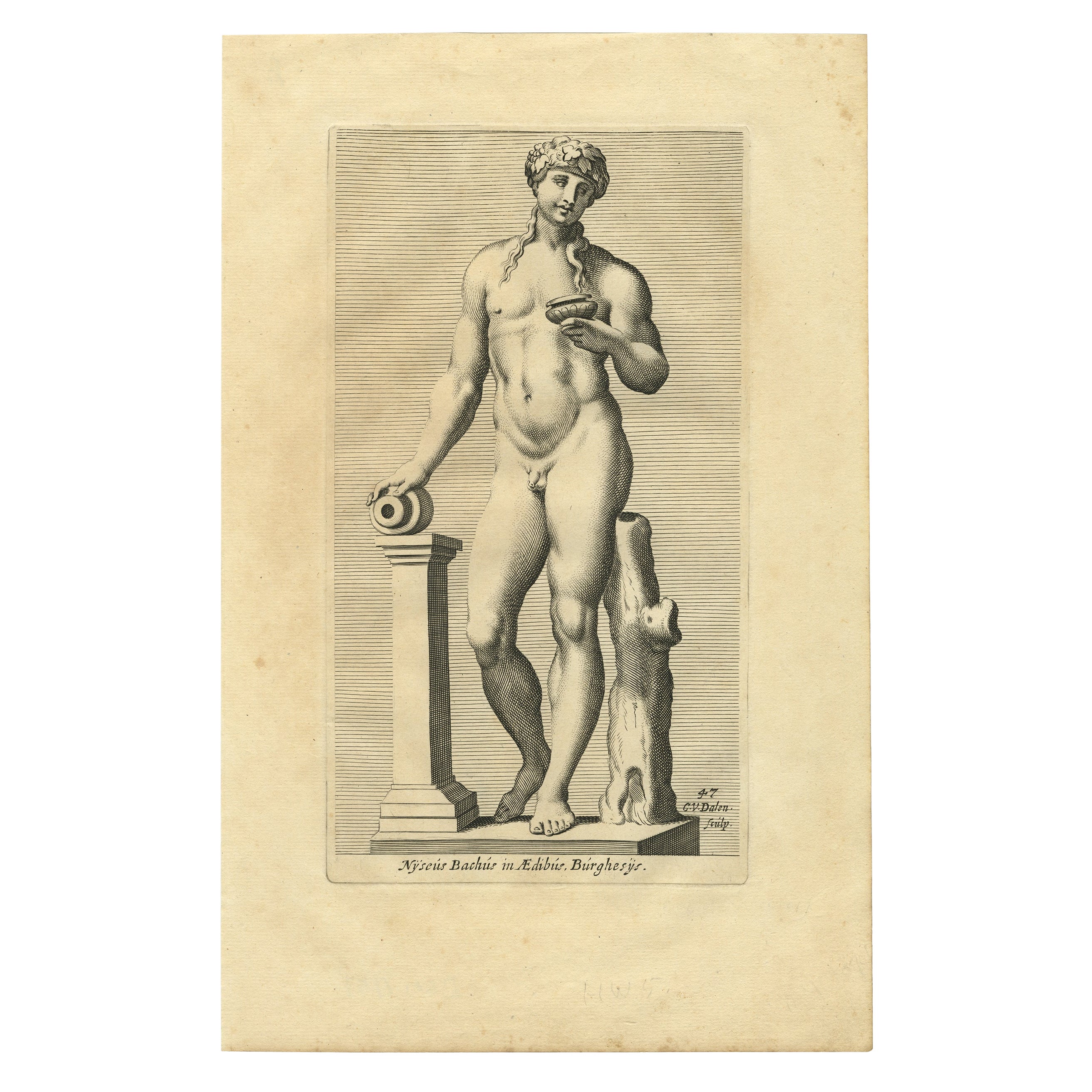 Ancienne estampe de Bacchus ou Dionysos, dieu du vin et de l'épopée religieuse, 1660