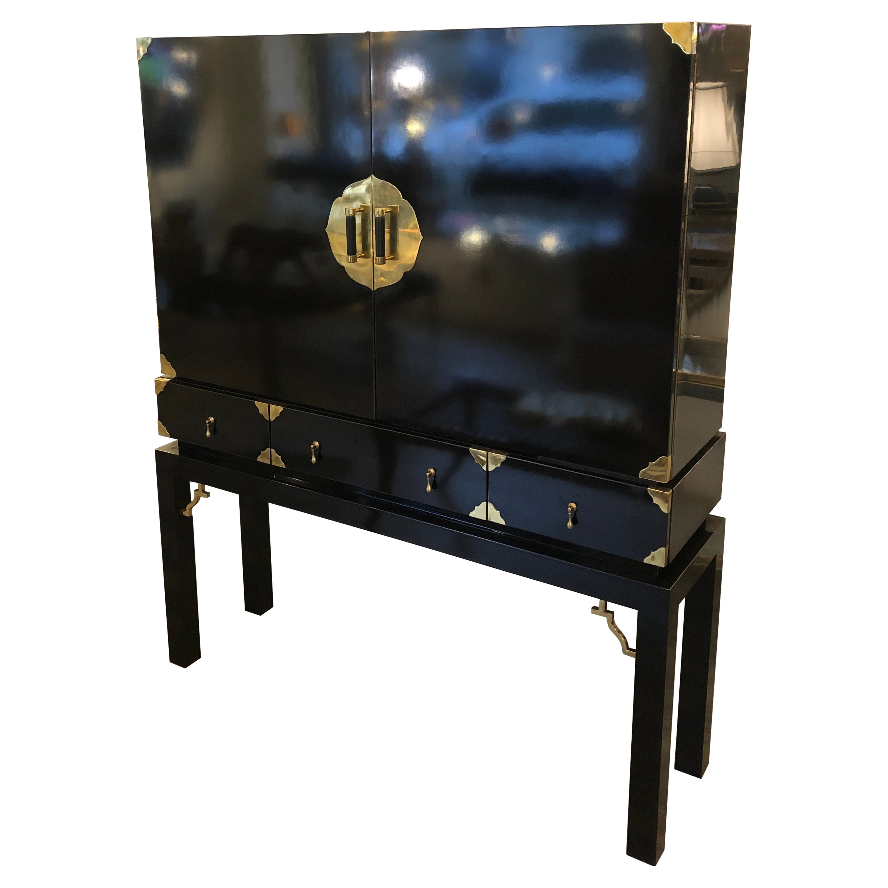 Black Lacquered Brass Details and Leather Handles Two Doors Cabinet