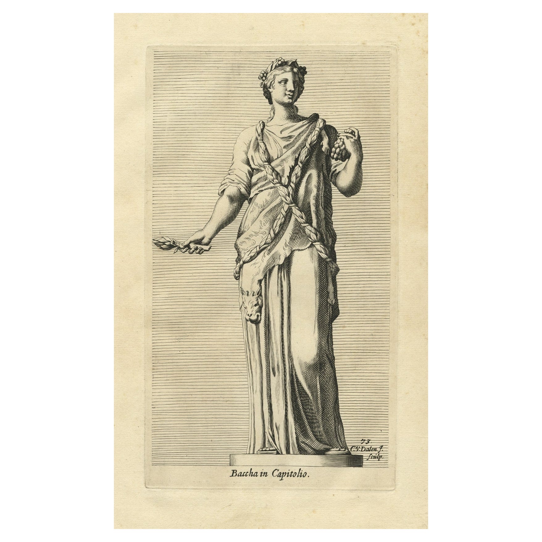 Antiker antiker Druck des mythischen Bacchus oder Dionysos, Gott des Weines und der Ritualmatter, 1660
