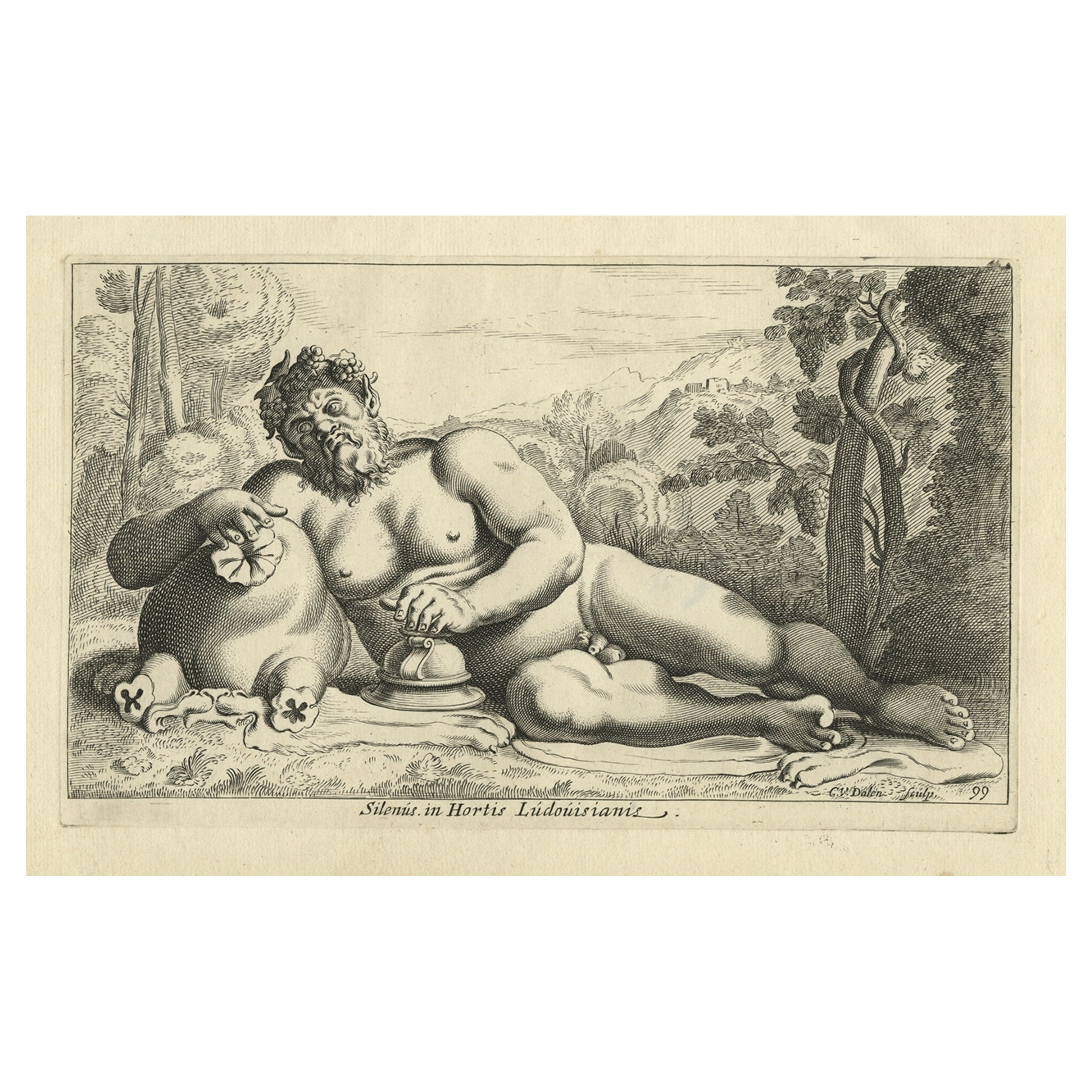Impression ancienne de Silenus, tuteur du dieu du vin Bacchus ou Dionysos, 1660 en vente