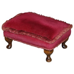 Antique Early Victorian Hardwood Footstool Pink Upholstery for Wingback Armchair