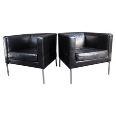 Vintage Modern Black Leather Club Chairs