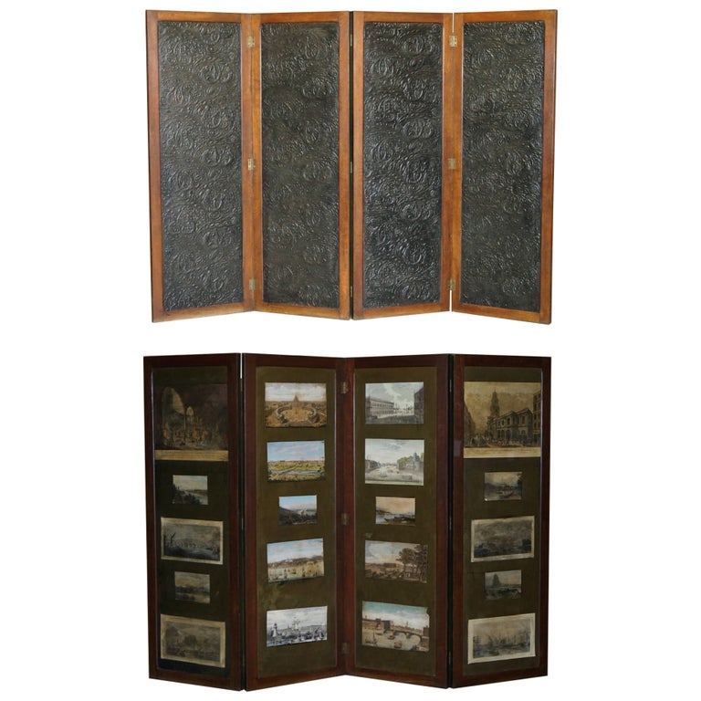 Victorian Embossed Leather & Water Colour Folding Screen Room Divider For Sale
