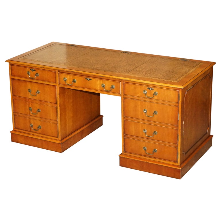 Yew Wood Twin Pedestal Partner Desk Designed to House Computer
