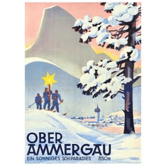 Original Vintage Winter Sport Travel Poster Oberammergau A Sunny Ski Paradise