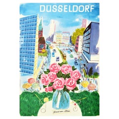 Original Vintage Travel Poster Dusseldorf Berliner Allee Germany Cafe City View