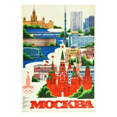 Original Vintage-Sportplakat Moskauer Olympische Spiele 1980 Moskauer Stadt Kunst Architektur