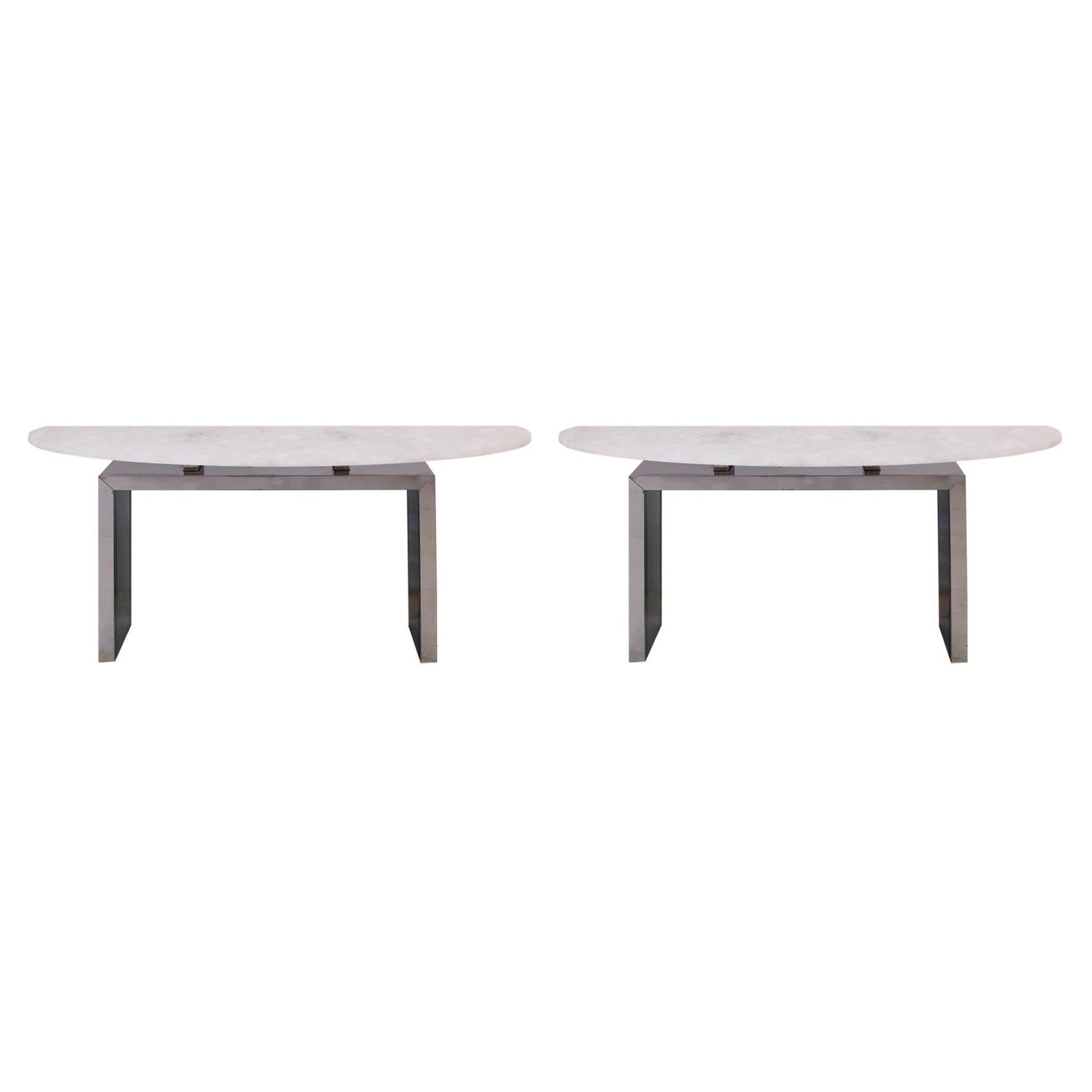 Contemporary Pair of Demilune Consoles Made Of White Quartz & Steel 