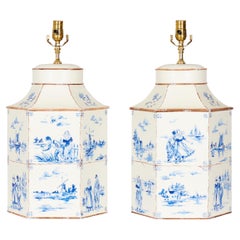 Pair of Vintage English Chinoiserie White and Blue Hand-Painted Tole Lamps