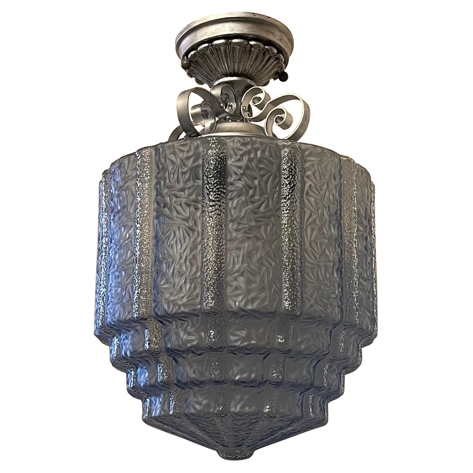 French Flush Mid Century Modern Art Deco Glass Silvered Lantern Pendent Fixture