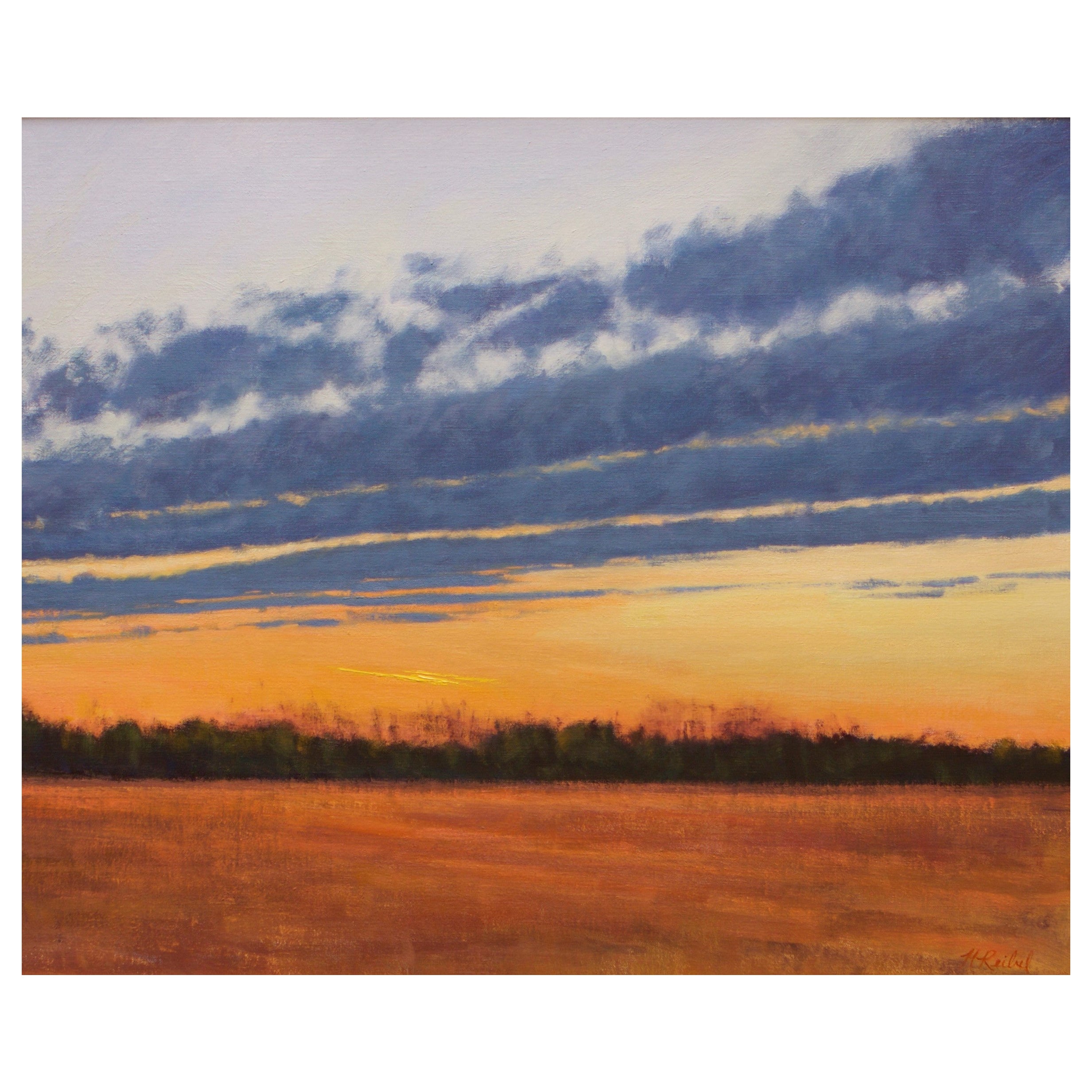 Öl auf Leinwand Gerahmtes Gemälde „Kleinender Himmel über der Marsh“, von Michael Reibel, Öl auf Leinwand