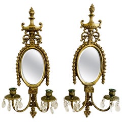 Ornate Brass and Crystal Two Arm Mirrored Candle Sconces, Pair