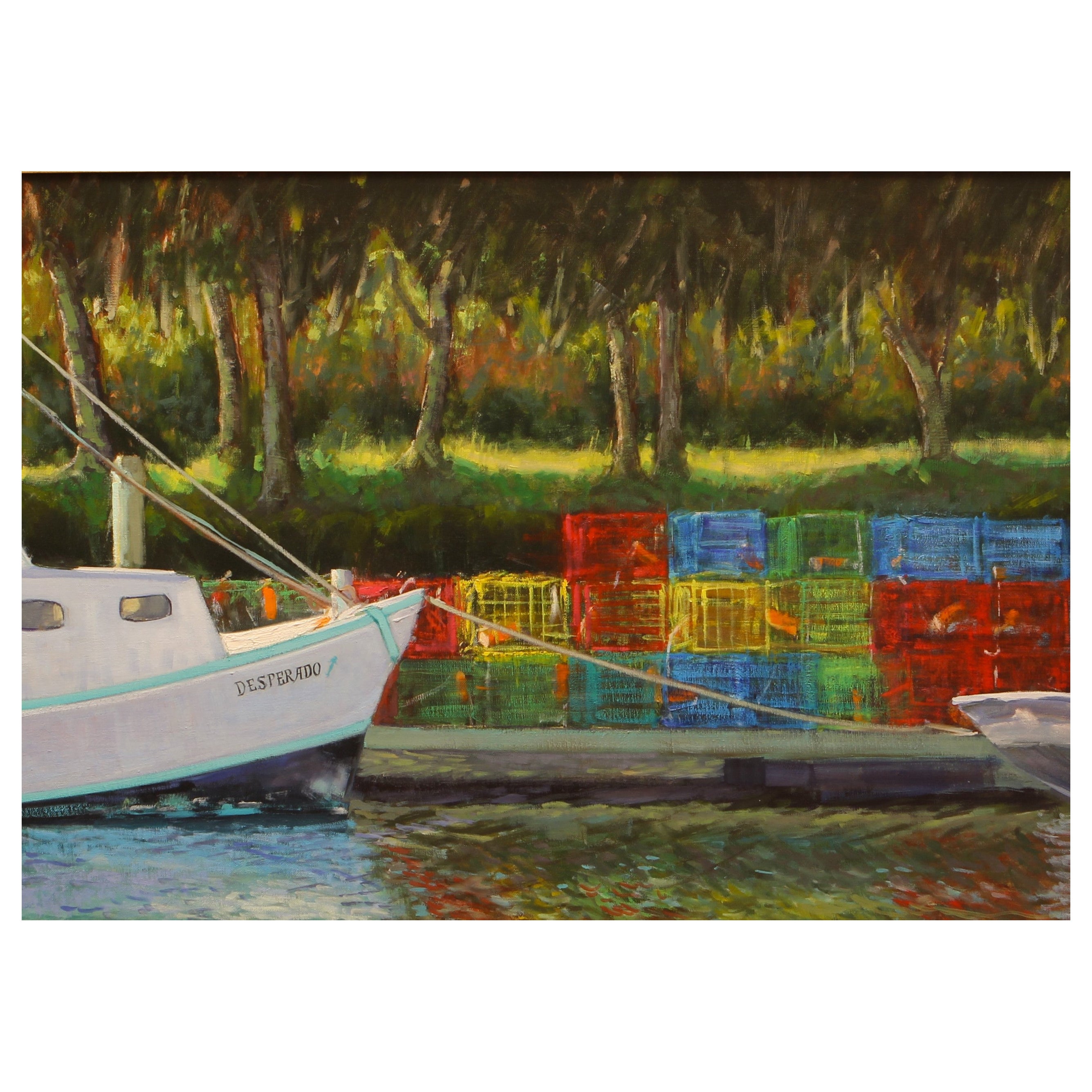 Oil on Canvas Framed Painting "Long Day Ahead" Boat/Crab Scene by Michael Reibel