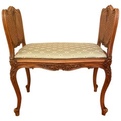 Antique French Carved Walnut & Cane Window Seat Bench with Cushion, Circa 1880's