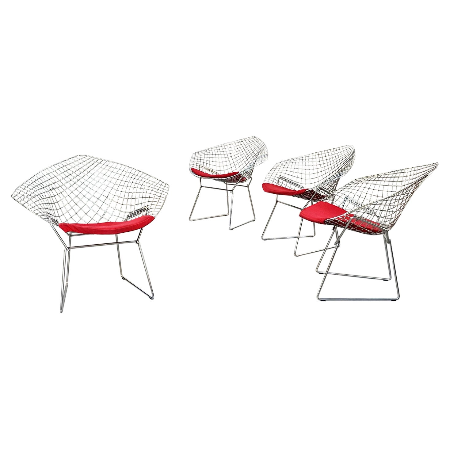 USA Mid-Century Red Cushion N Steel Diamond Armchairs by Bertoia for Knoll, 1970 For Sale