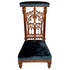 Antique French Carved Walnut Blue Upholstered "Prie Dieu" Prayer Chair, Ca. 1890