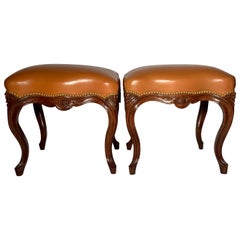Pair Antique French Carved Walnut Stools, Circa 1890