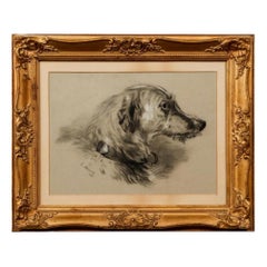 Late 19th Century Framed Charcoal Gouache Signed Drawing of Russian Wolfhound