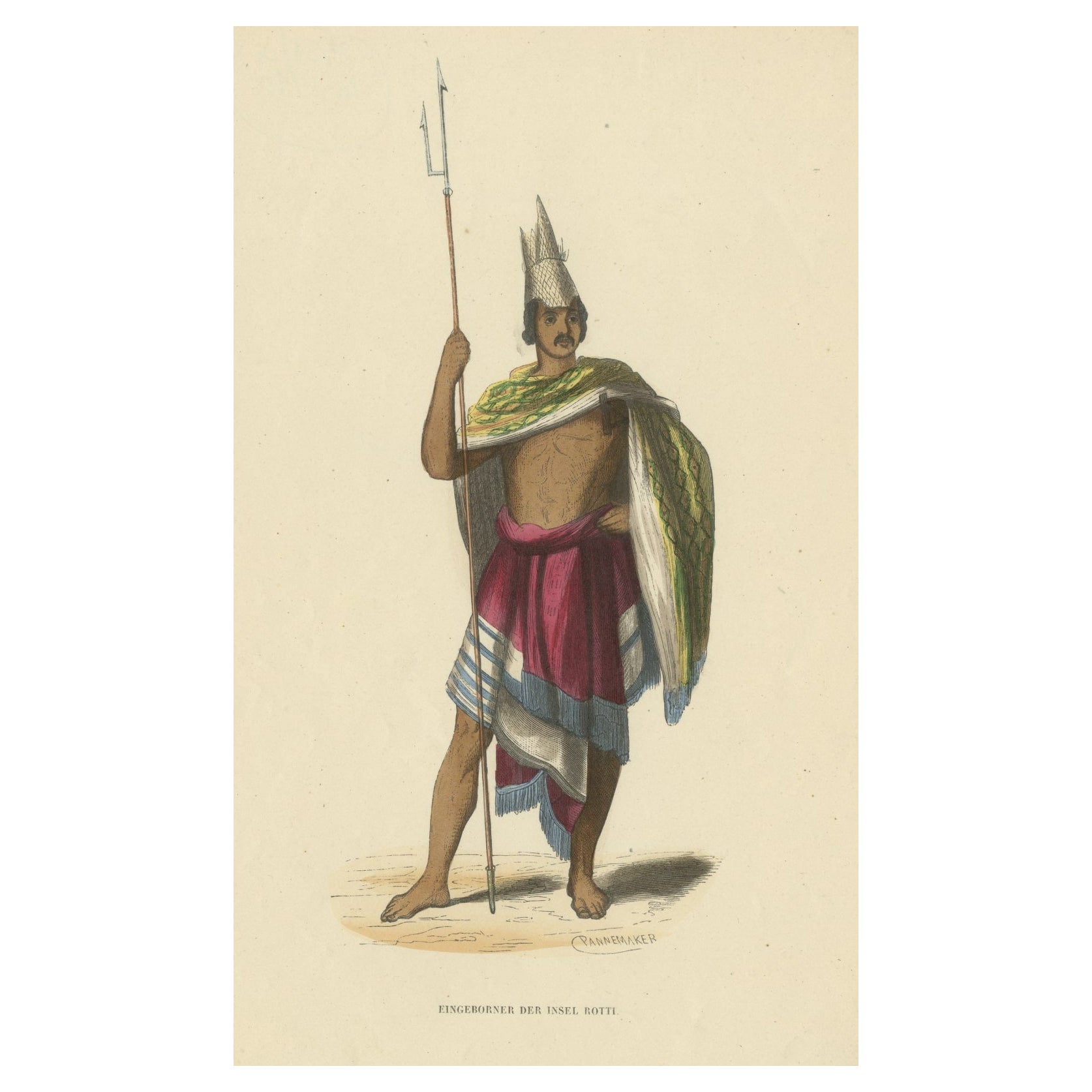Antique Print of a Warrior from Roti or Rotti Island in East Indonesia, ca.1845 For Sale