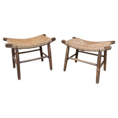 Pair of Taurus Wood and Rope Stools, France, 1950s