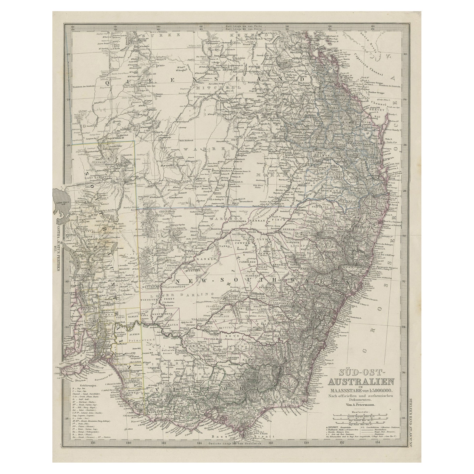 Antike gravierte Karte des Südosten Australiens aus einem deutschen Atlas mit Gravur, 1848