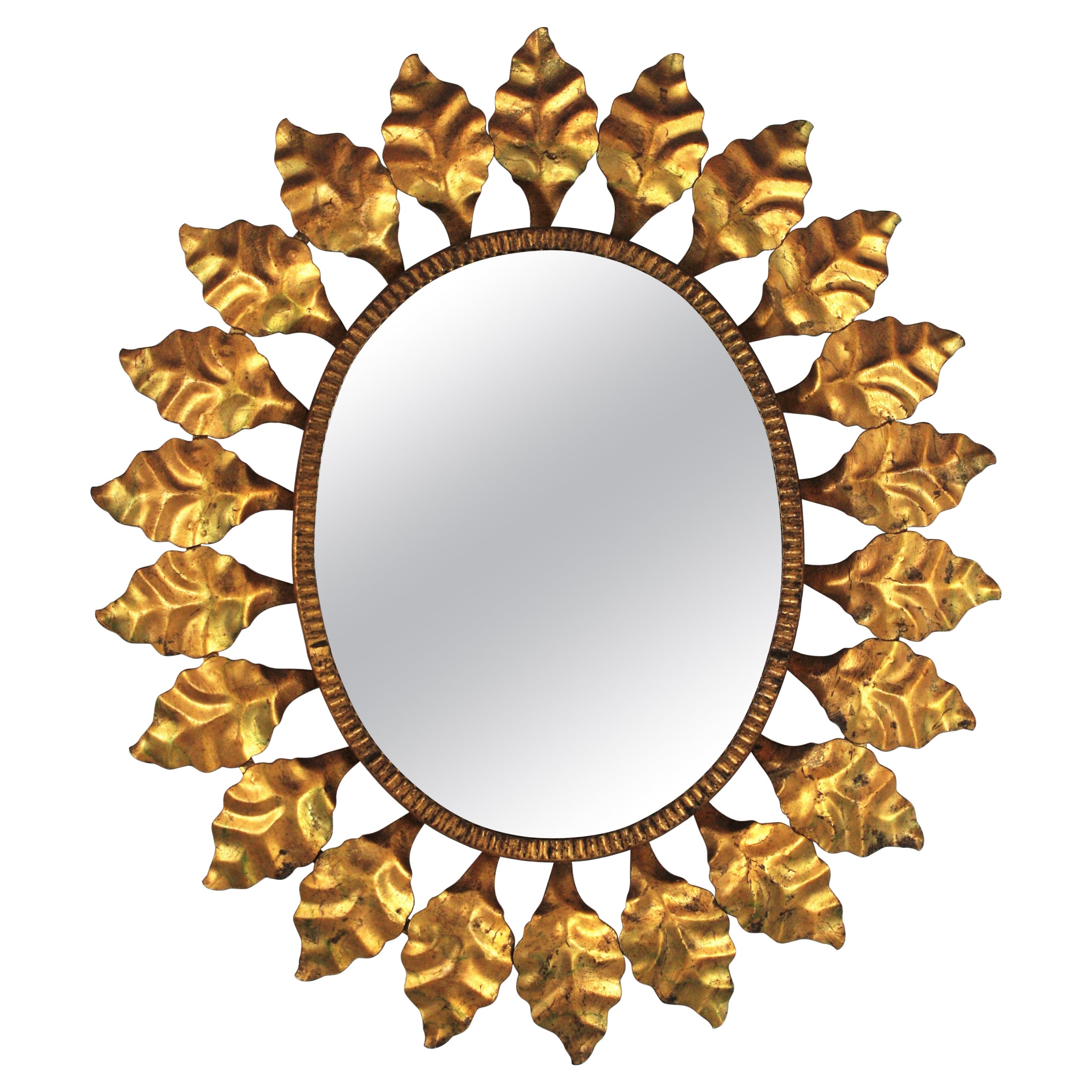 Sunburst Oval Mirror in Gilt Metal, 1950s