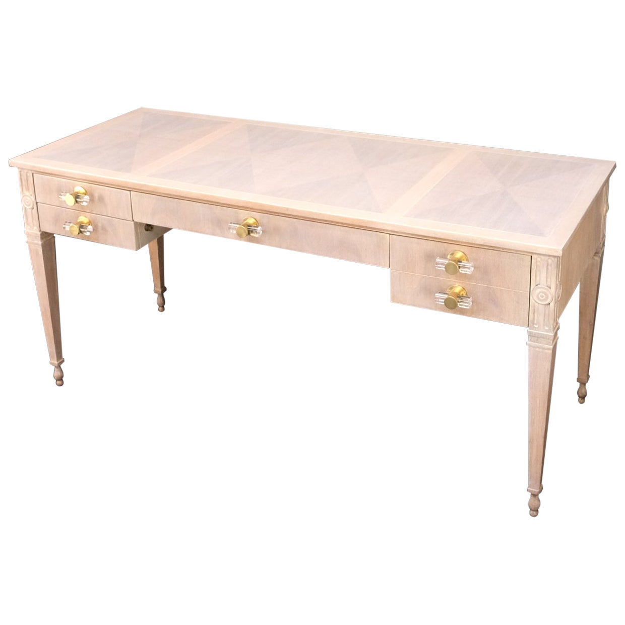 Baker Bleached Walnut Lucite & Brass Pulls 4 Drawer Low Profile Desk Console