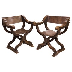 Antique Pair of Italian Walnut and Leather Sedia del Campo Savonarola Chairs, Circa 1800