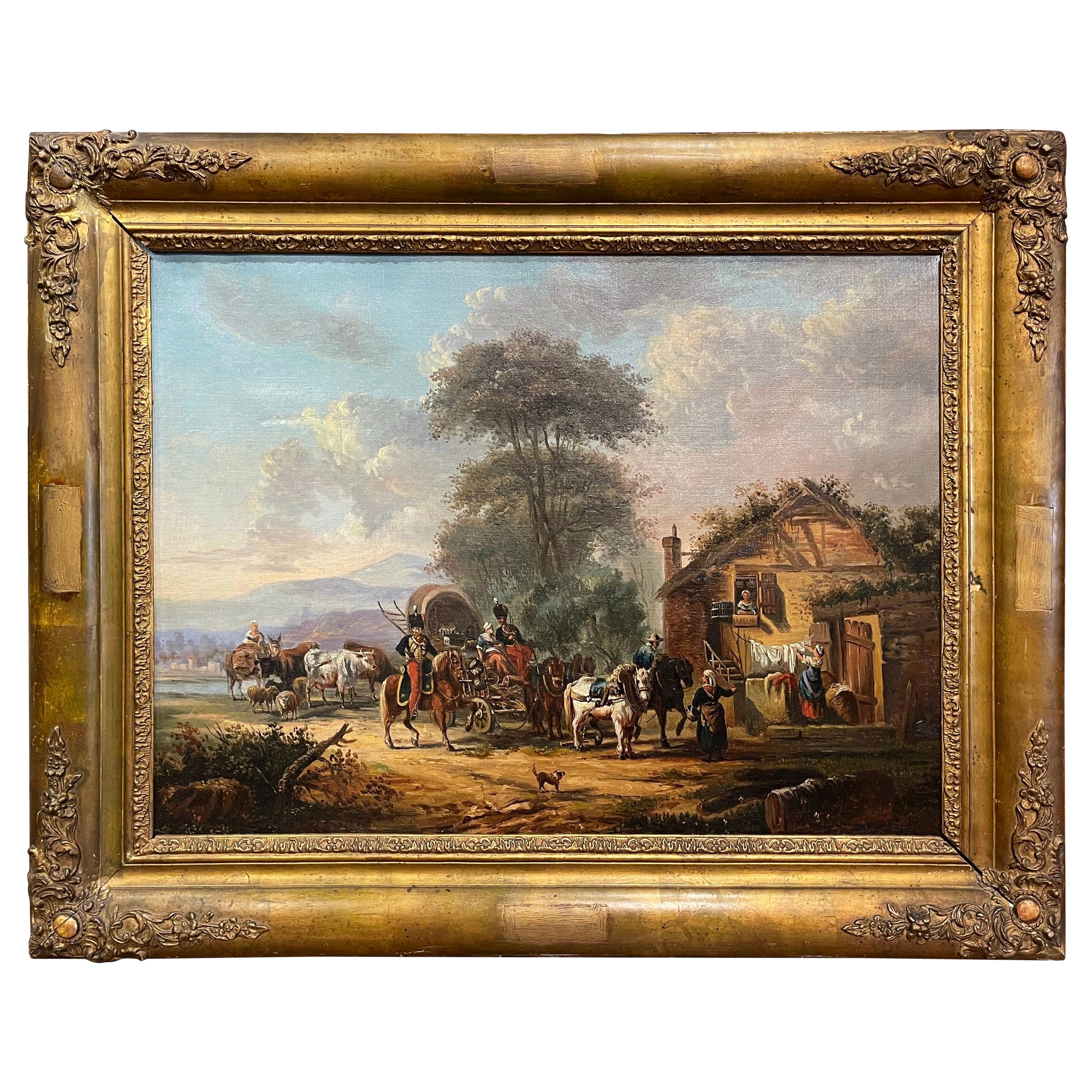 Mid 19th Century French Napoleon III Oil on Canvas Painting in Carved Gilt Frame For Sale
