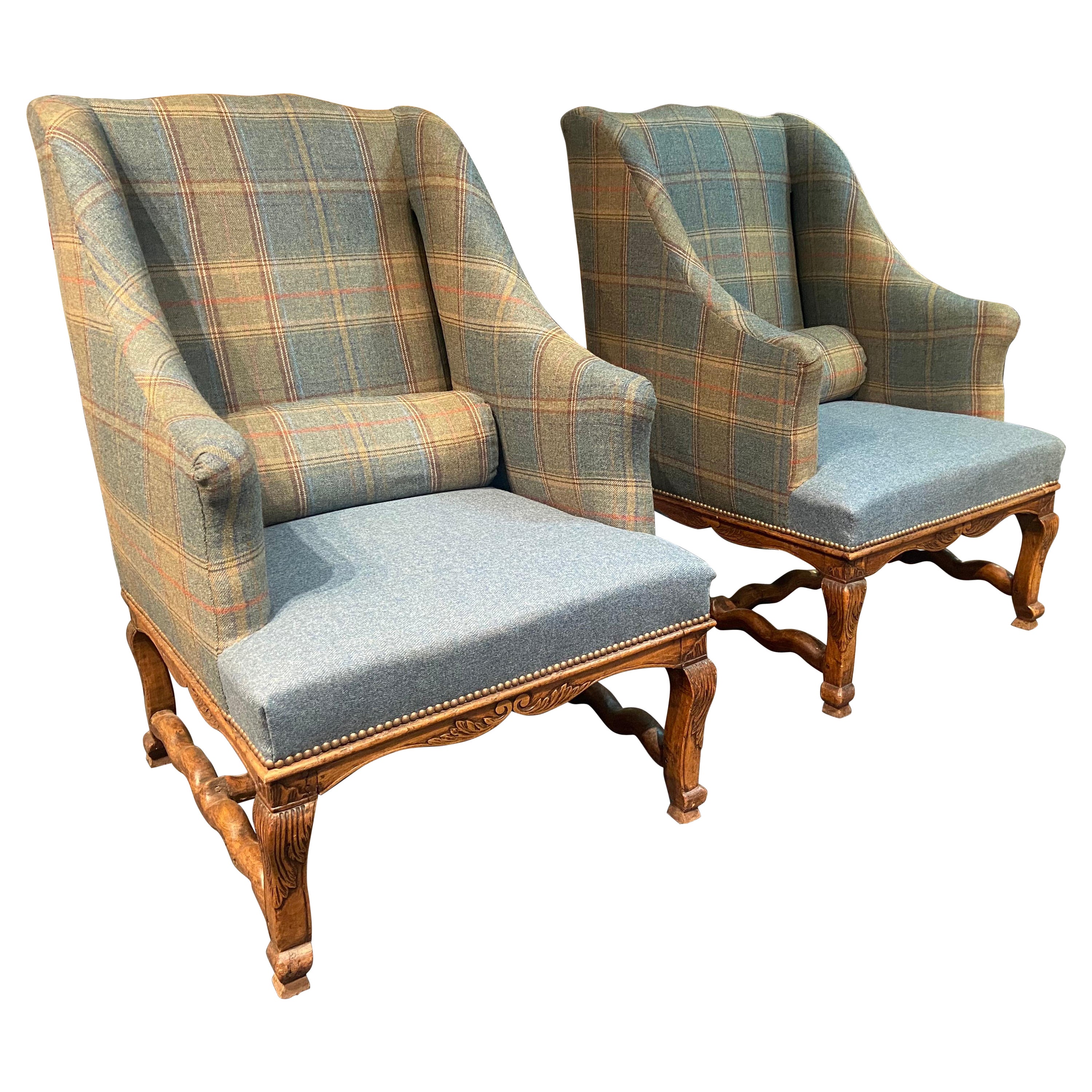 19th Century Two French Large Armchairs in Wool Upholstery For Sale