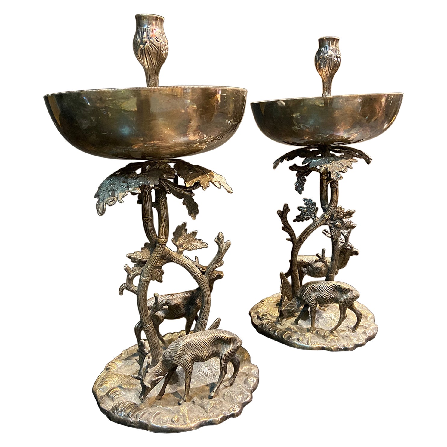 20th Century French Pair of Silver Plated Bronze Candlesticks with Deеrs For Sale