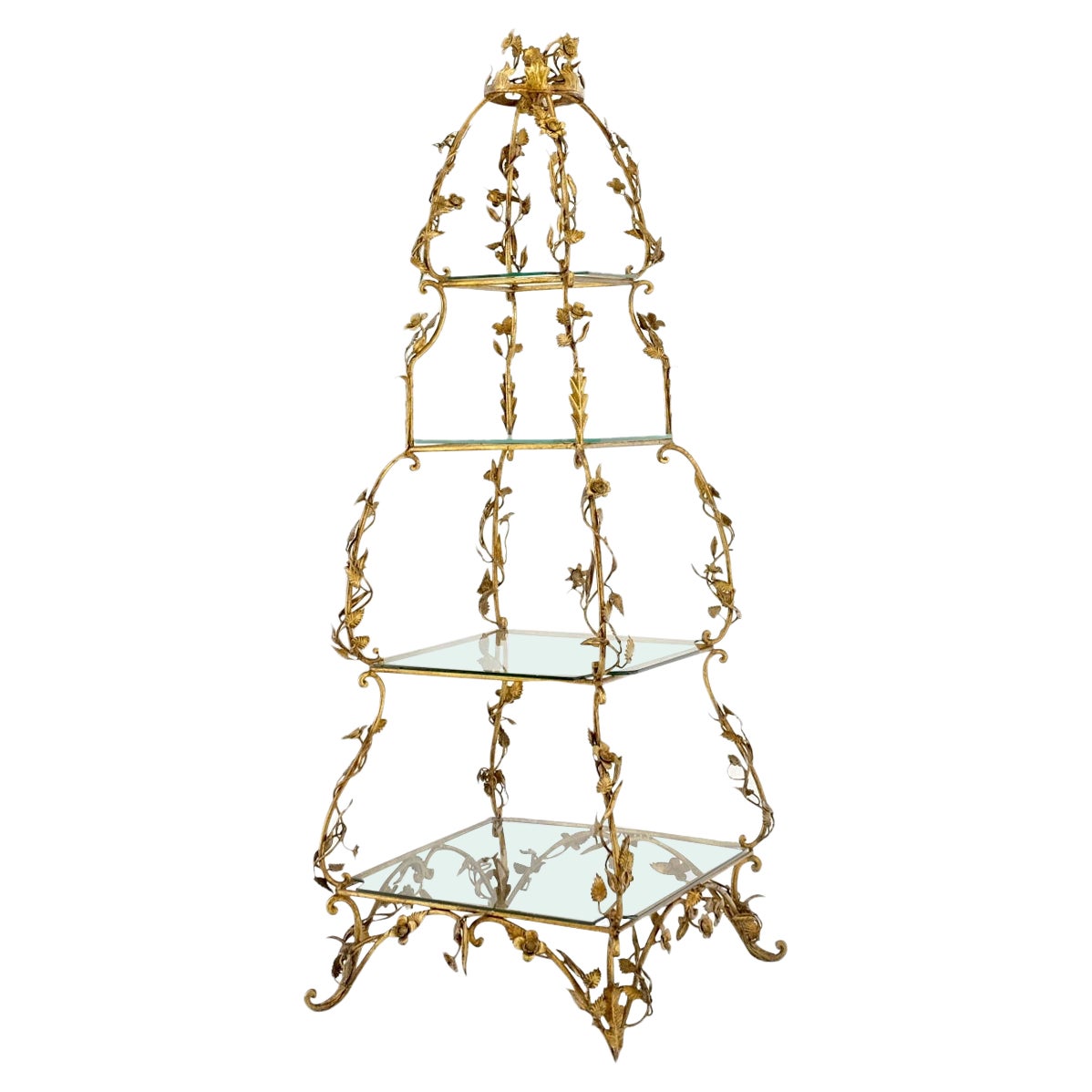 Étagères en métal doré décorées de fleurs en forme de pyramide et d'étagères, table étagère italienne en vente