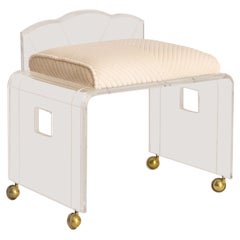 Lucite Rolling Vanity Bench/Stool with Striped Velvet Cushion